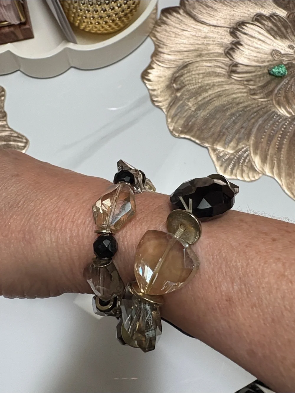 Elegant Black and Champagne glass  Beaded Bracelet with Ribbon Tie set of 2